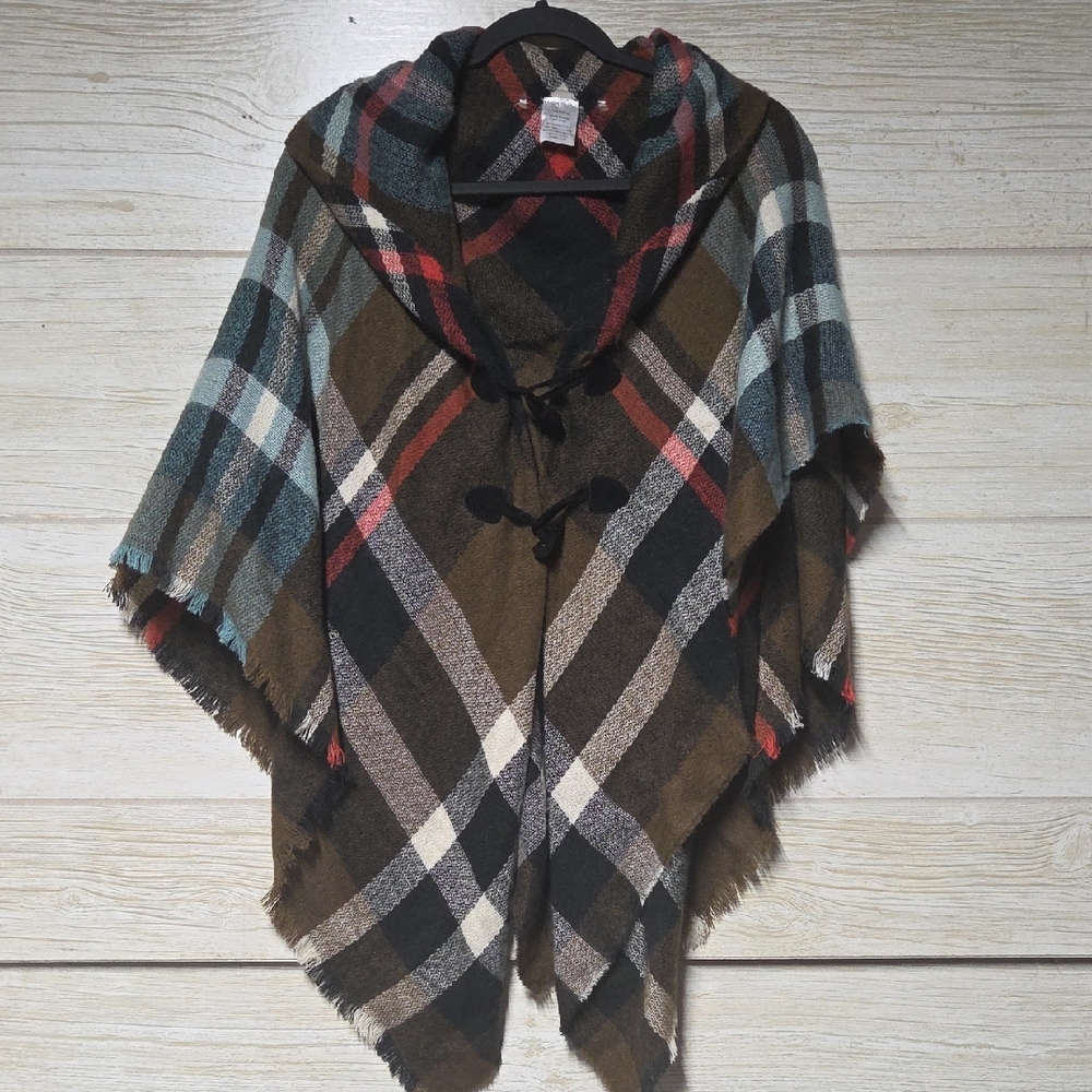 Plaid Hooded Poncho with Toggle Closure